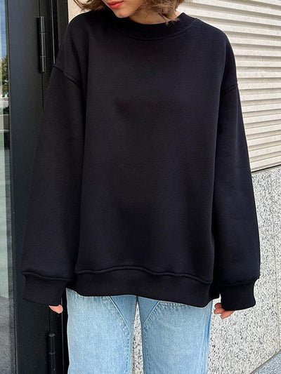 Long Sleeves Loose Solid Color Round-Neck Sweatshirt Tops