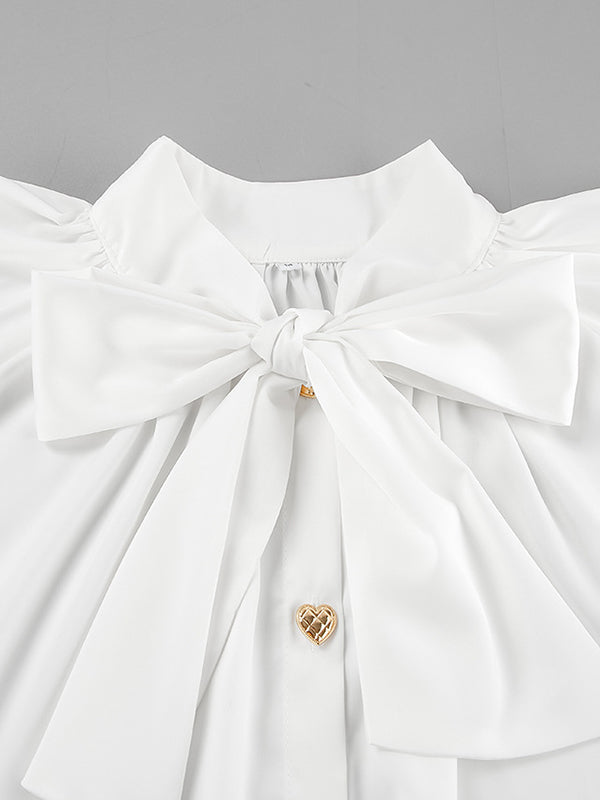 A-Line Flared Sleeves Buttoned Elasticity Pleated Solid Color Tied Zipper Stand Collar Mini Dresses