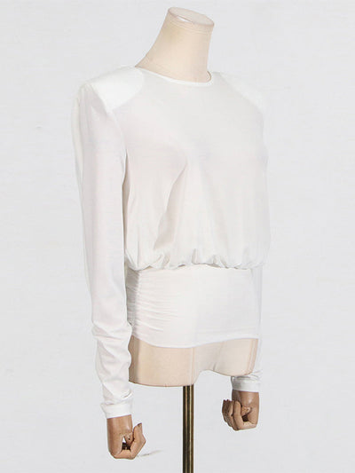 Long Sleeves Backless Shoulder Pad Solid Color Round-Neck Blouses&Shirts Tops