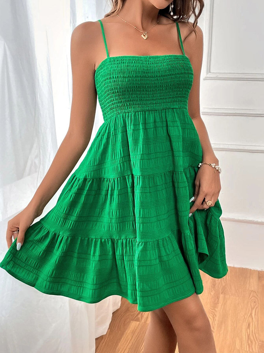Elasticated Waist High Waisted Pleated Solid Color Split-Joint Spaghetti-Neck Mini Dresses