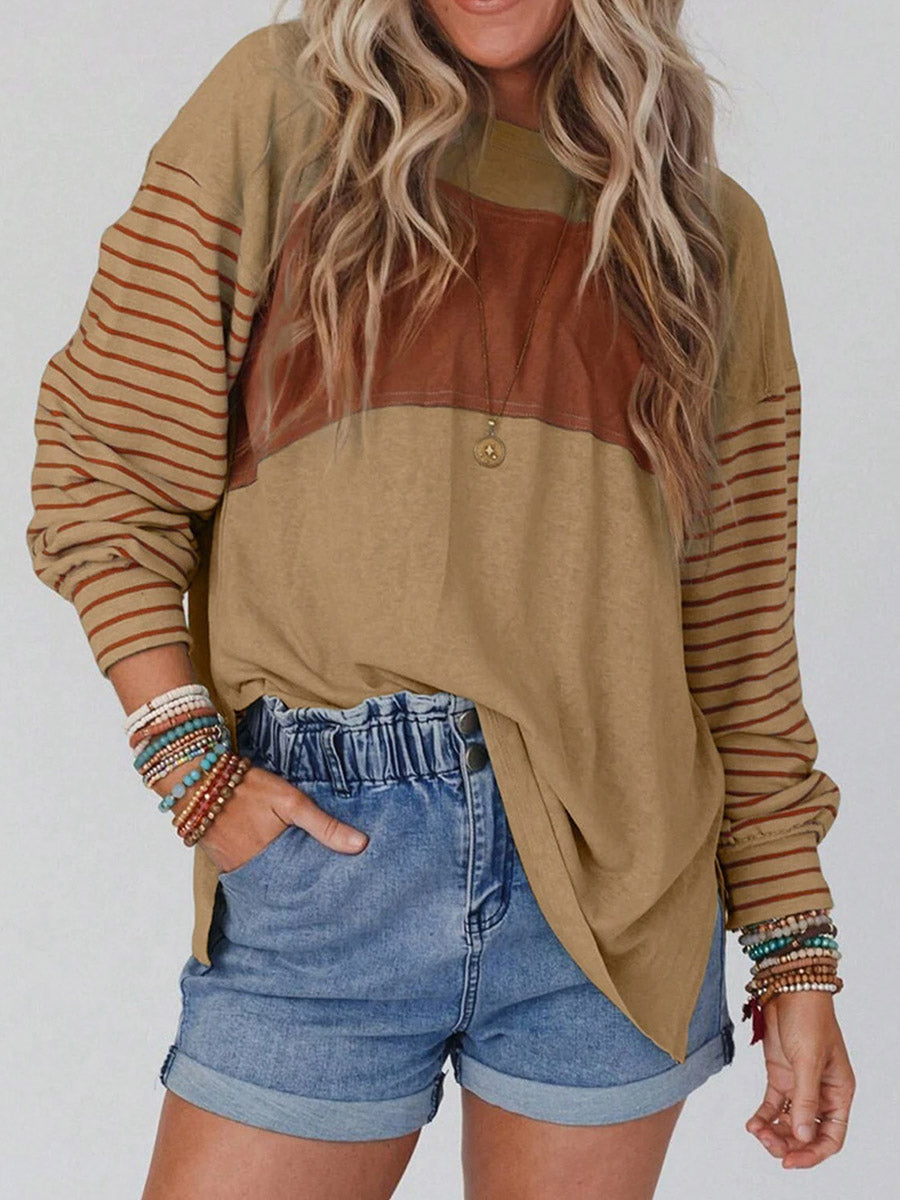 Long Sleeves Loose Contrast Color Split-Joint Striped Round-Neck Blouses&Shirts Tops