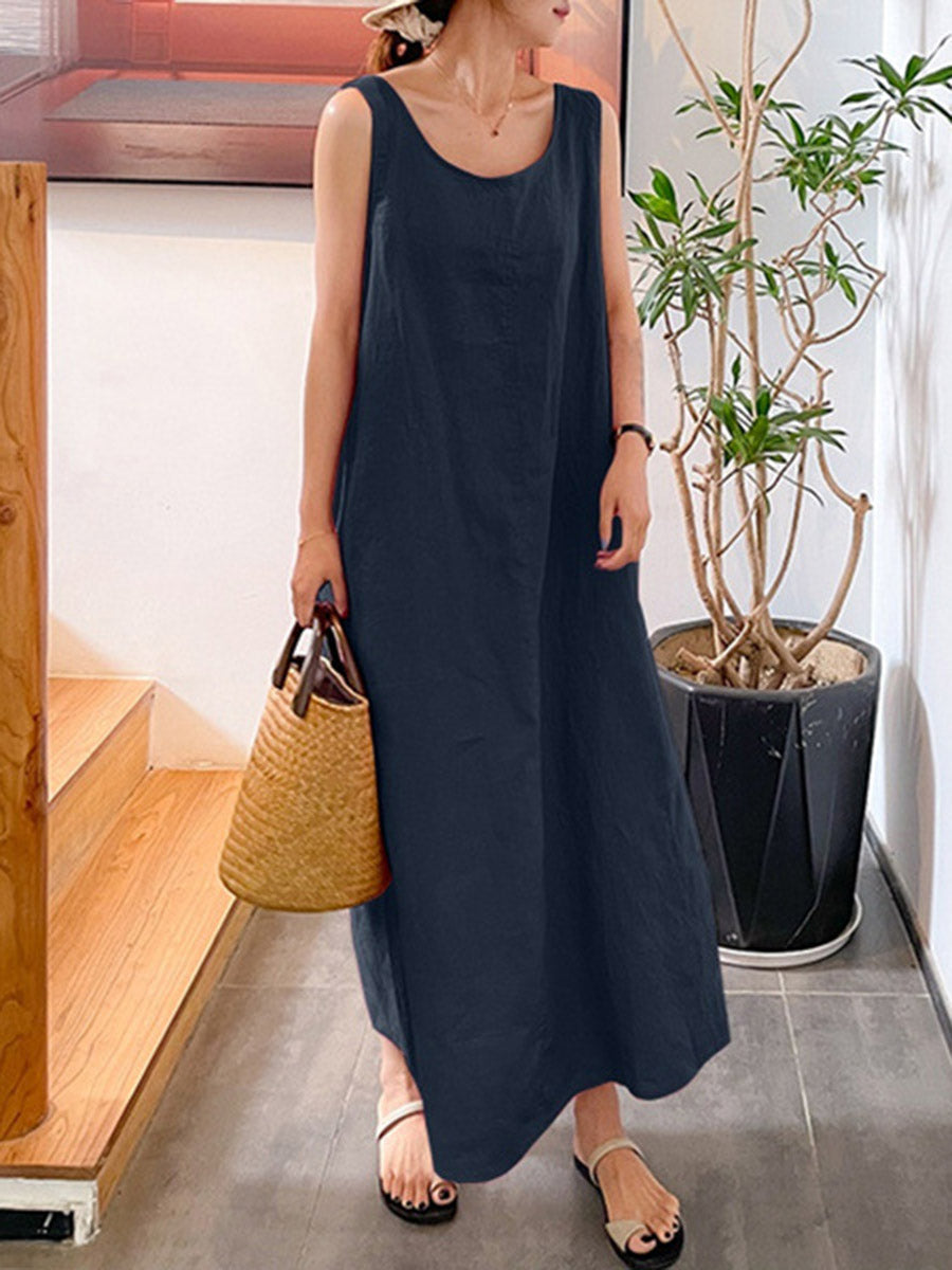 A-Line Loose Pockets Solid Color Split-Joint Square-Neck Maxi Dresses