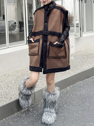 Loose Sleeveless Buttoned Pockets Split-Joint Stand Collar Vest Outerwear