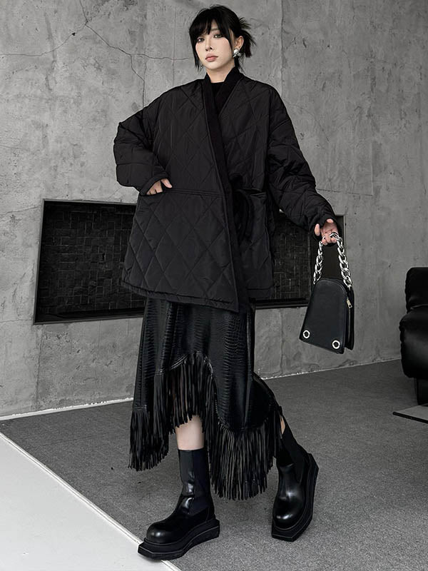 Long Sleeves Loose Plaid Quilted Solid Color Split-Joint Tied Collarless Outerwear Padded Coat