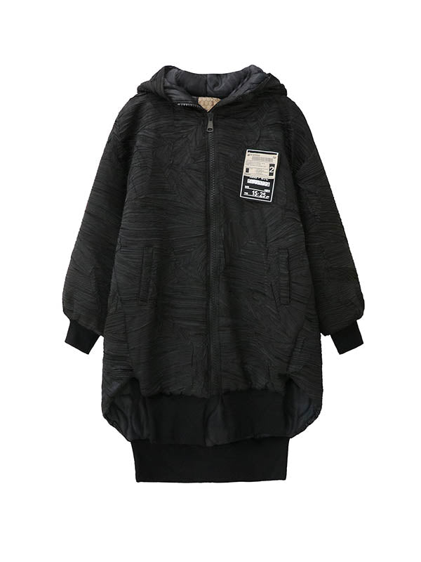 High-Low Irregularity Abstract Printed Contrast Color Split-Joint Zipper Hooded Outerwear Overcoat