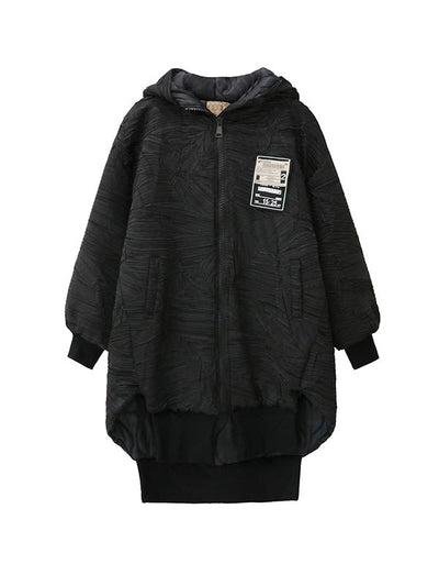 High-Low Irregularity Abstract Printed Contrast Color Split-Joint Zipper Hooded Outerwear Overcoat