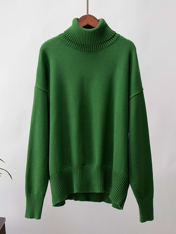 High-Low Long Sleeves Solid Color Split-Joint High Neck Sweater Tops