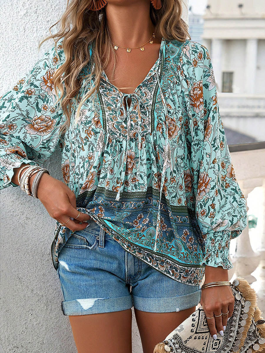 Long Sleeves Loose Contrast Color Drawstring Flower Print Pleated Split-Joint V-Neck Blouses&Shirts Tops