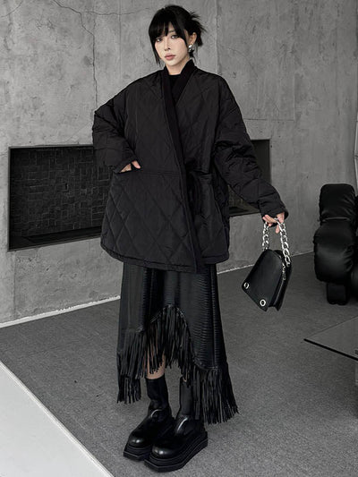 Long Sleeves Loose Plaid Quilted Solid Color Split-Joint Tied Collarless Outerwear Padded Coat