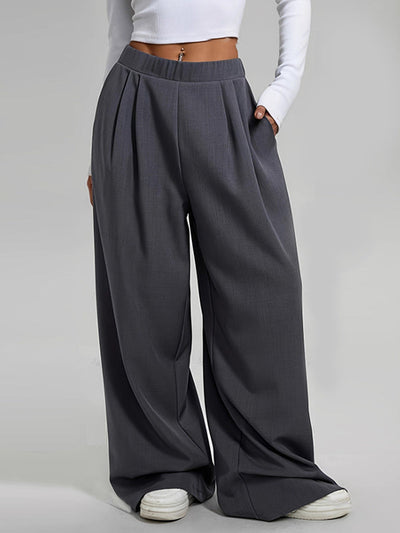 High Waisted Loose Pleated Pockets Solid Color Pants Trousers