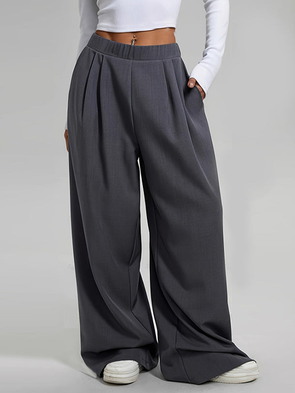 High Waisted Loose Pleated Pockets Solid Color Pants Trousers