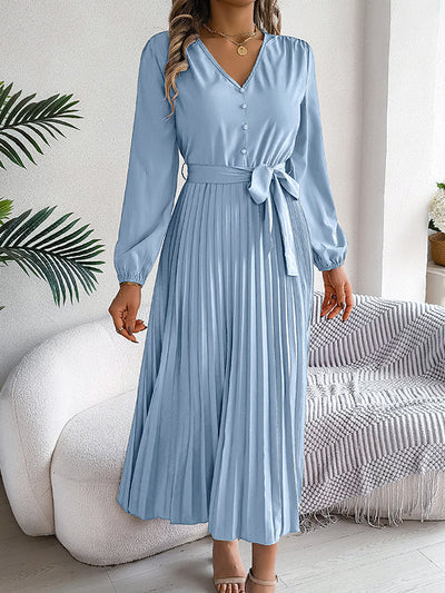 High Waisted Long Sleeves Belted Buttoned Pleated Solid Color V-Neck Maxi Dresses
