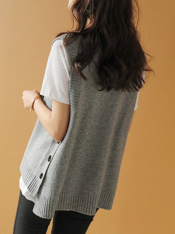 Simple Sleeveless Loose Buttoned Solid Color Round-Neck Sweater Vest Outerwear
