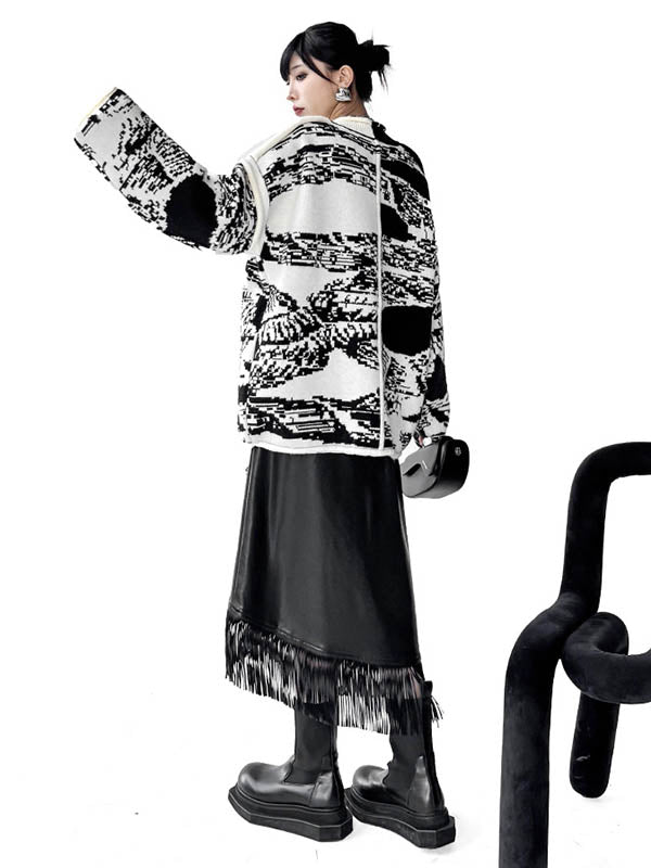 Long Sleeves Loose Abstract Printed Buttoned Contrast Color Pockets Split-Joint Collarless Cardigan Tops Outerwear