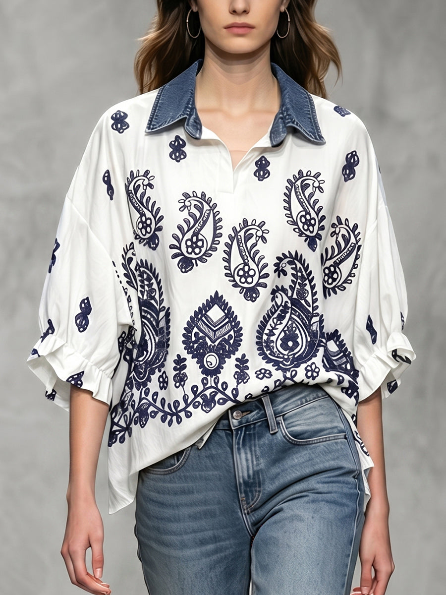 Ruffle Sleeves Three-Quarter Sleeves Embroidered Pleated Split-Joint Lapel Blouses&Shirts Tops