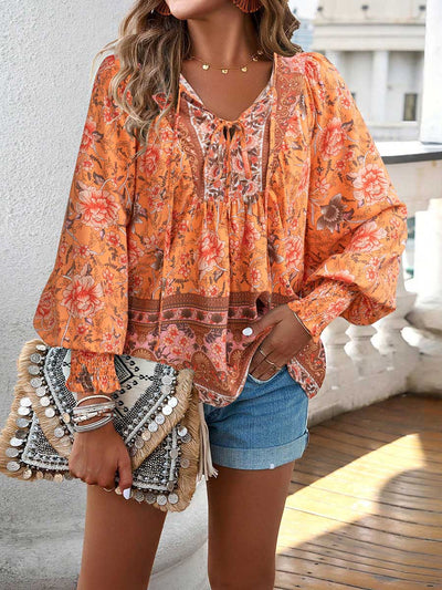 Long Sleeves Loose Contrast Color Drawstring Flower Print Pleated Split-Joint V-Neck Blouses&Shirts Tops