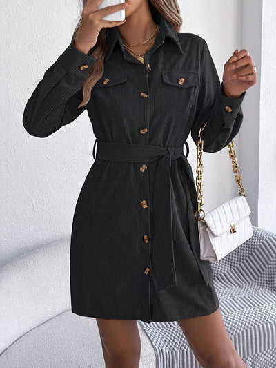 Elasticated Waist Long Sleeves Belted Buttoned Single-Breasted Solid Color Lapel Collar Mini Dresses Shirt Dress