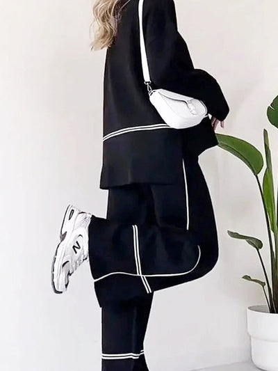High-Low Contrast Color Split-Side Round-Neck Sweater Top + High Waisted Pants Bottom Two Pieces Set
