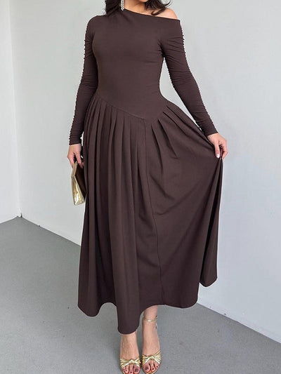 A-Line Bodycon Asymmetric Pleated Solid Color Split-Joint One-Shoulder Maxi Dresses