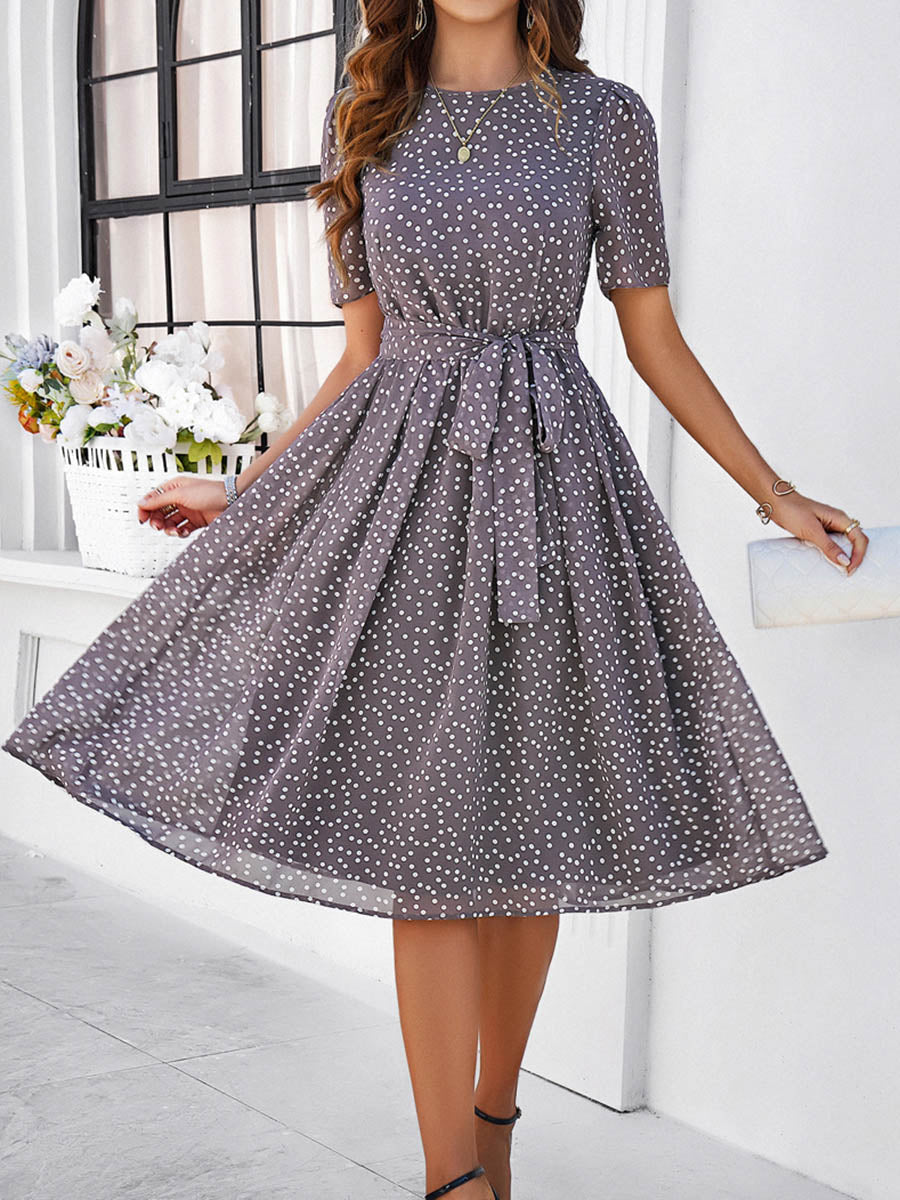 A-Line Elasticated Waist Contrast Color Polka Dot Split-Joint Tied Waist Round-Neck Midi Dresses