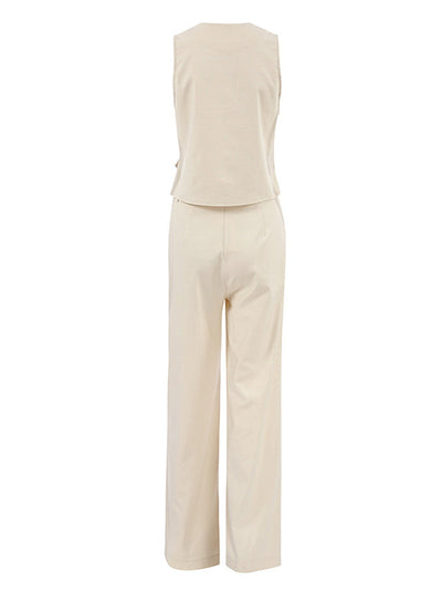 Solid Color Sleeveless Asymmetric Split-Joint  V-Neck Vest Tops +  Straight Leg Pants Suits Two Pieces Set