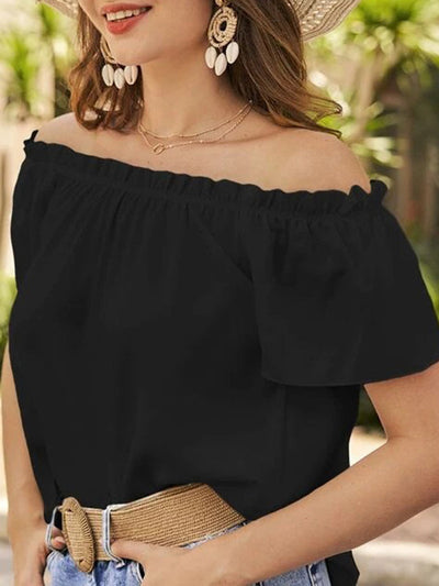 Loose Short Sleeves Elasticity Ruffle Trim Solid Color Off-The-Shoulder Blouses&Shirts Tops
