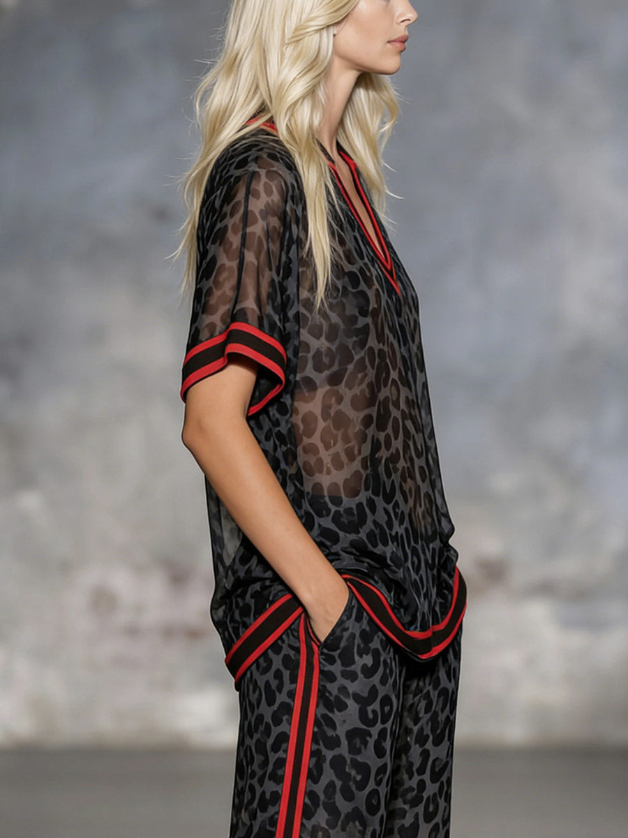 Loose Short Sleeves Contrast Color Leopard Split-Joint Striped Lapel Blouses&Shirts Tops