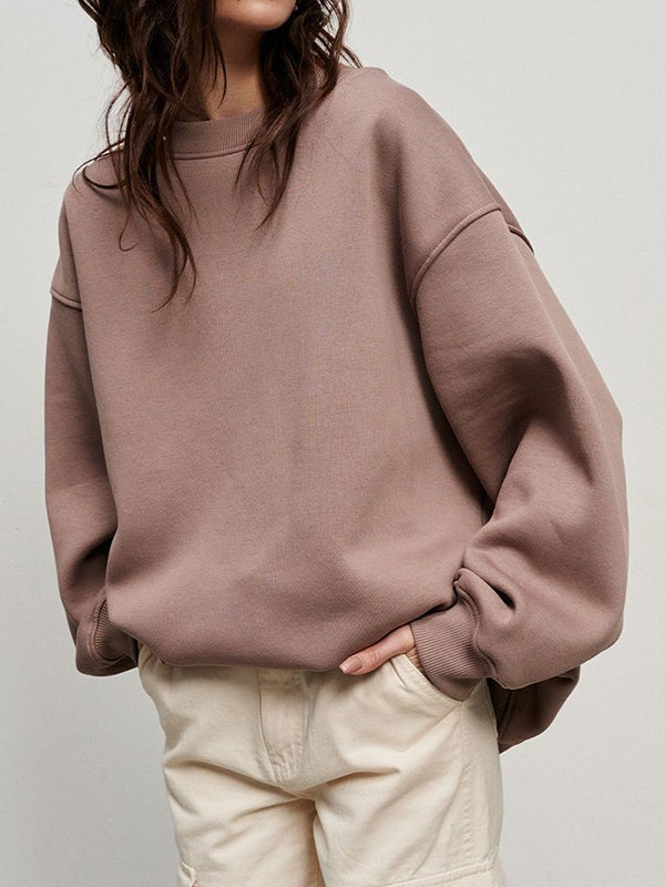 Long Sleeves Loose Solid Color Round-Neck Sweatshirt Tops