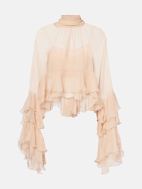 False Two Flared Sleeves Pleated Ruffle Trim See-Through Solid Color Tied Mock Neck Blouses&Shirts Tops