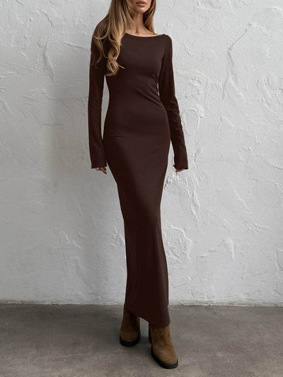 Bodycon High Waisted Backless Solid Color Round-Neck Maxi Dresses