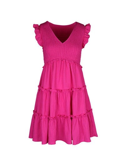 Loose Sleeveless Ruffle Trim Solid Color Split-Joint Deep V-Neck Mini Dresses
