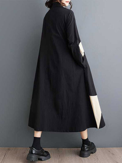 A-Line Long Sleeves Buttoned Pockets Printed Lapel Midi Dresses Shirt Dress