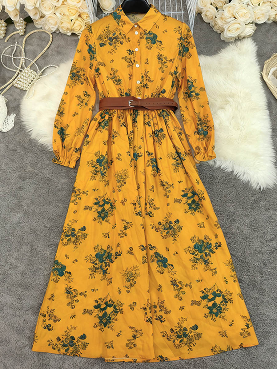 A-Line Elasticated Waist Belted Buttoned Contrast Color Flower Print Pleated Split-Joint Lapel Maxi Dresses Shirt Dress