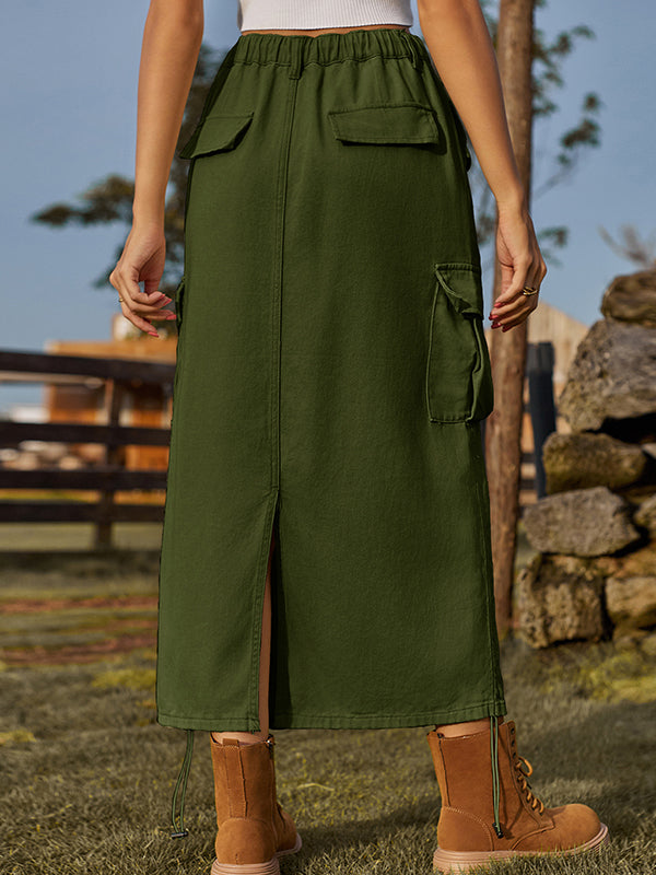 A-Line Loose Drawstring Elasticity Pockets Solid Color Split-Back Skirts Bottoms