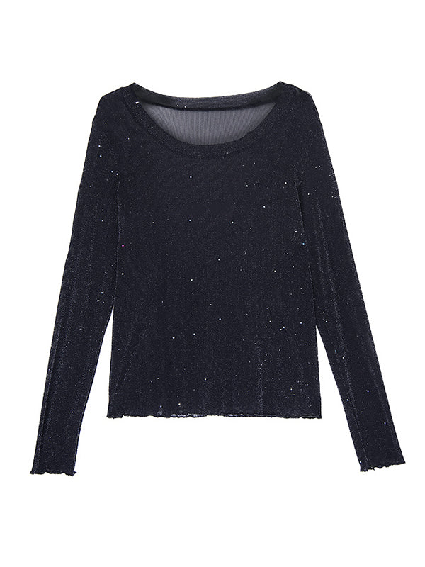 Long Sleeves Loose See-Through Shiny Round-Neck T-Shirts Tops