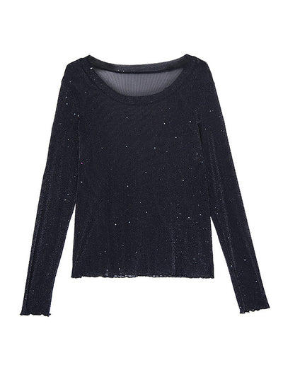 Long Sleeves Loose See-Through Shiny Round-Neck T-Shirts Tops