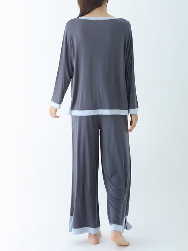 Long Sleeves Loose Contrast Color Round-Neck Two Pieces Pajama Set