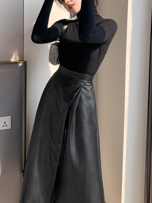 A-Line Loose Solid Color Split-Front Skirts Bottoms