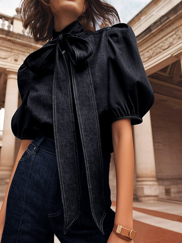 Long Sleeves Puff Sleeves Bow-Embellished Buttoned Split-Joint Tied High Neck Blouses&Shirts Tops