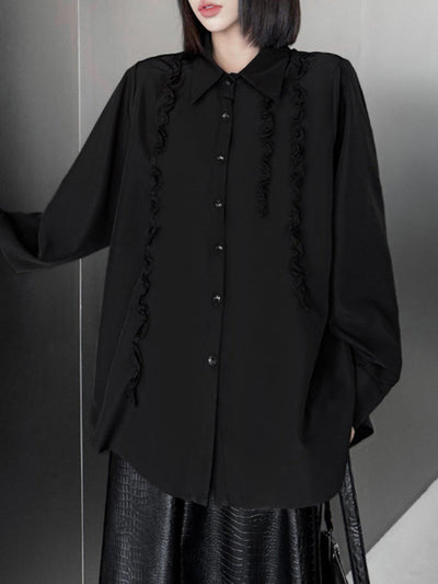 Hipster Long Sleeves Buttoned Falbala Ruffled Solid Color Split-Joint Lapel Blouses&Shirts Tops