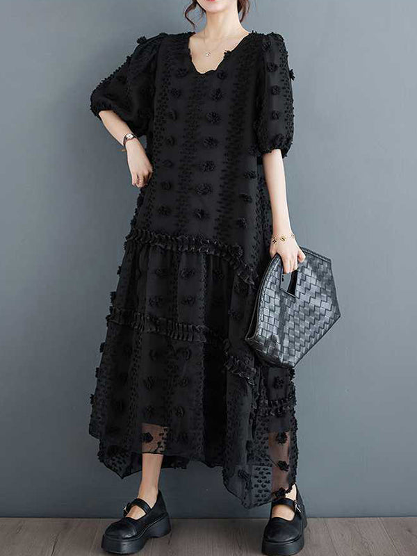 A-Line Half Sleeves Elasticity Jacquard Solid Color Split-Joint V-Neck Midi Dresses