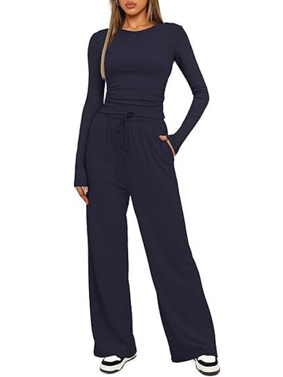 Solid Color Pleated Round-Neck T-Shirts Tops +  Elasticated Waist High Waisted Drawstring Pants Two Pieces Set