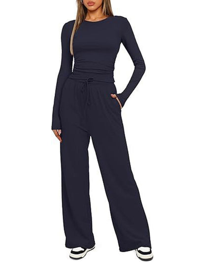 Solid Color Pleated Round-Neck T-Shirts Tops +  Elasticated Waist High Waisted Drawstring Pants Two Pieces Set