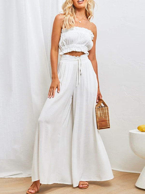 High Waisted Loose Drawstring Elasticity Pockets Solid Color Pants Trousers