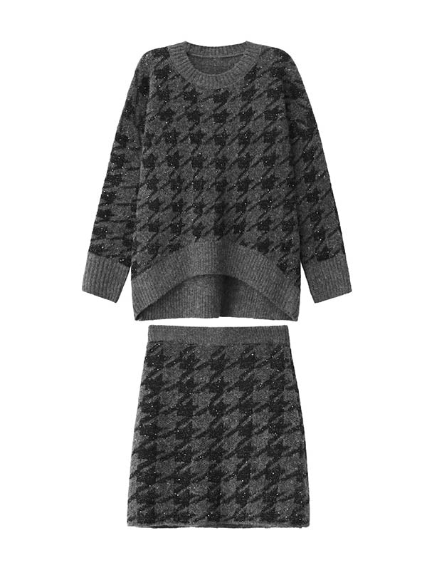 Contrast Color Split-Joint Ribs Shiny Swallow Gird/Houndstooth Round-Neck Sweater Tops + A-Line Elasticated Waist Skirts Bottoms  Two Pieces Set