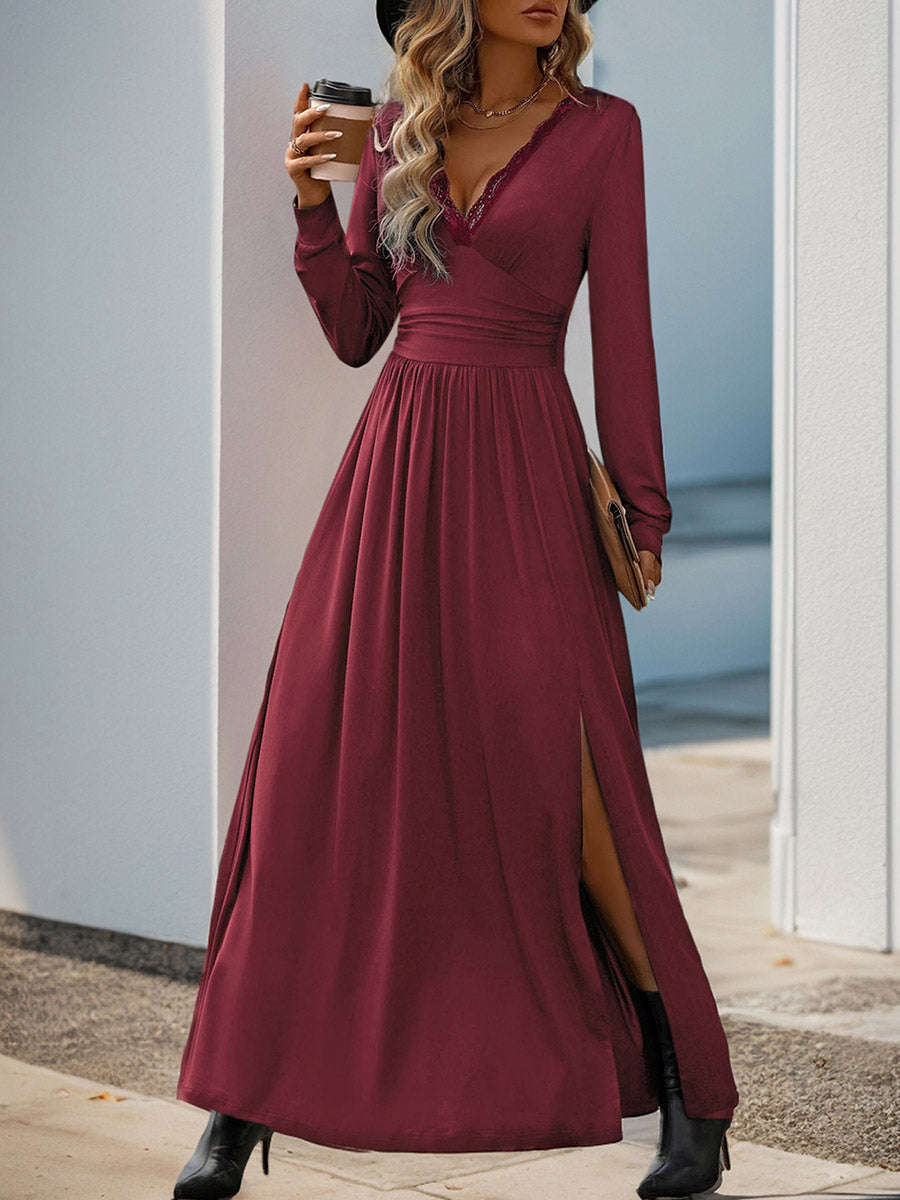A-Line High Waisted Pleated Solid Color Split-Side V-Neck Maxi Dresses