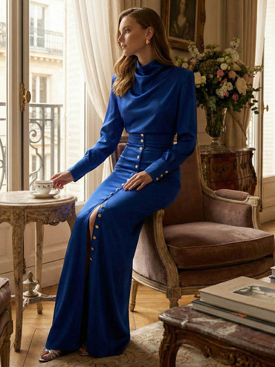 Split-Joint Heaps Collar Long Sleeves Pleated Blouses&Shirts Tops + Elasticated Waist Asymmetric Buttoned  Contrast Color Split-Side Zipper Skirts Bottoms Two Pieces Set