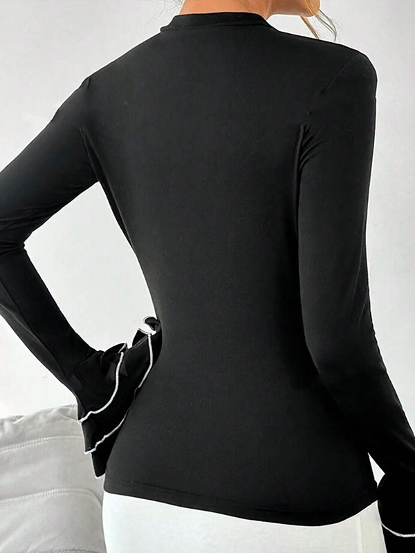 Flared Sleeves Long Sleeves Split-Joint Tiered Round-Neck T-Shirts Tops