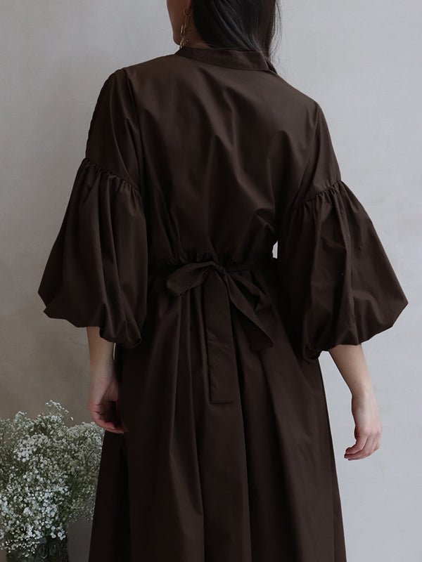 Half Sleeves Loose Buttoned Pleated Solid Color Tied Waist Stand Collar Maxi Dresses