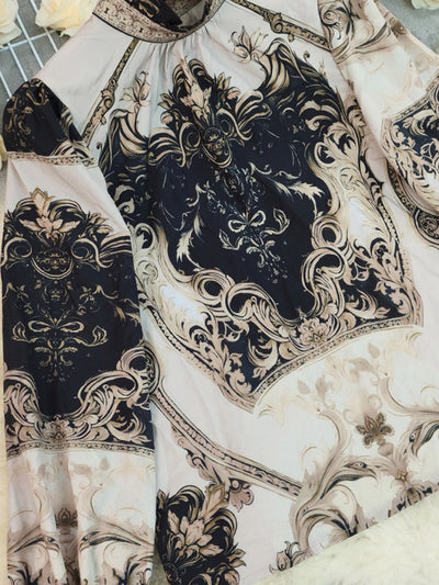 Long Sleeves Loose Contrast Color Pleated Printed Split-Joint Stand Collar Blouses&Shirts Tops